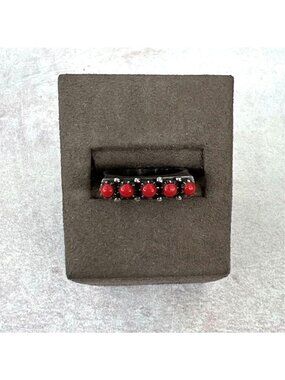 Native American Zuni Sterling Silver 925 Red Coral Five Stone Row Ring Size 5.5